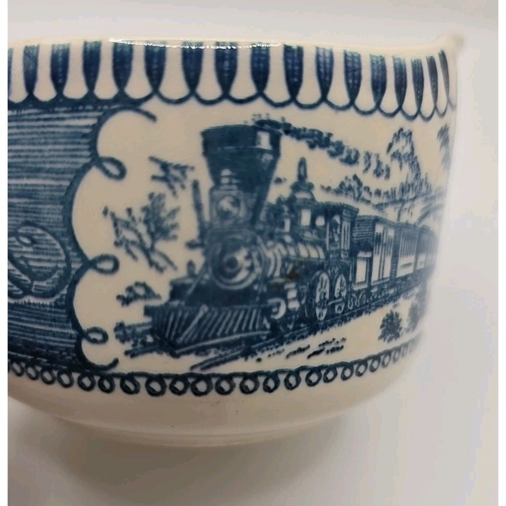Vintage Currier & Ives Express Train Royal China Creamer Pitcher Blue White USA - Picture 4 of 7
